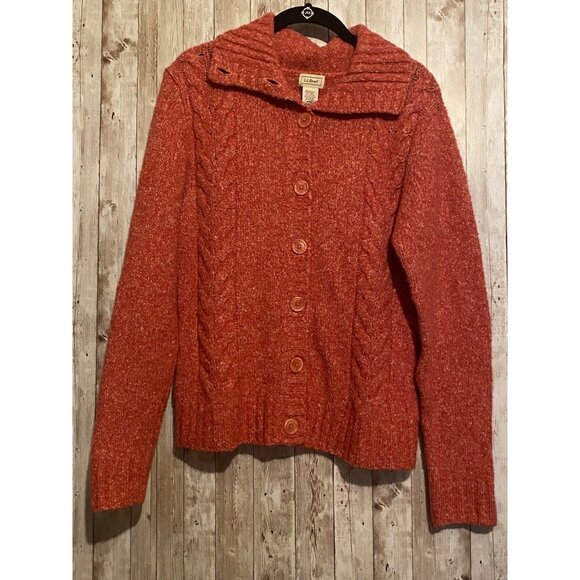 Women's L.L. Bean Wool Blend Button Up Collar Cardigan Cable Knit Sweater Medium - Picture 1 of 9